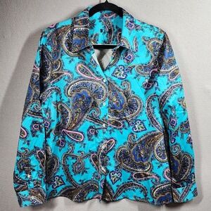 Talbots Turquoise Paisley Shirt Womens 10 12 Button Front Long Sleeve Stretch